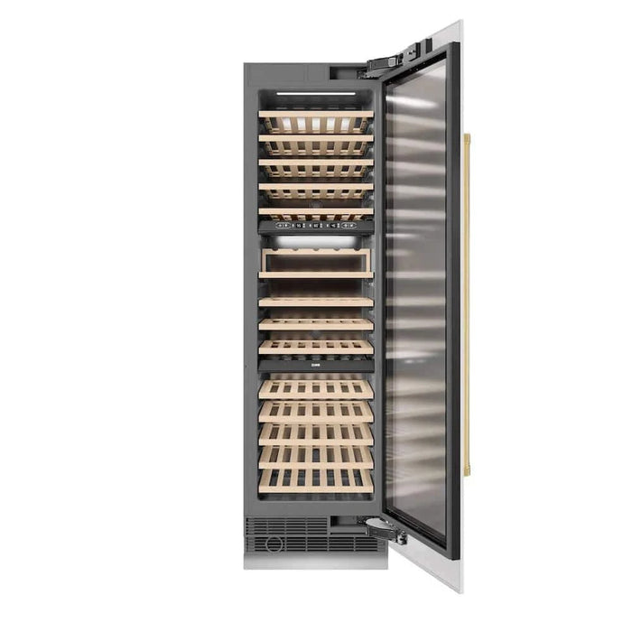 ZLINE 24"Triple Zone 100 Bottle Column Wine Cooler, White Matte Stainless Steel Polished Gold RCWVZ-WM-24-G