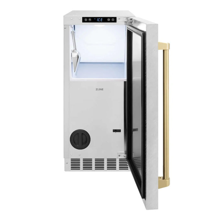 ZLINE Autograph Edition 15 " Touchstone Clear Cube Ice Maker, Drain Pump, Satin Stainless Steel Door, Accents ICCDZ-SN-15-CB