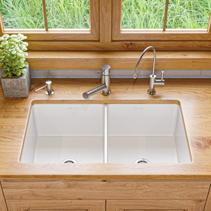 ALFI brand White 32" Double Bowl Fireclay Kitchen Sink ABF3219DUD-W