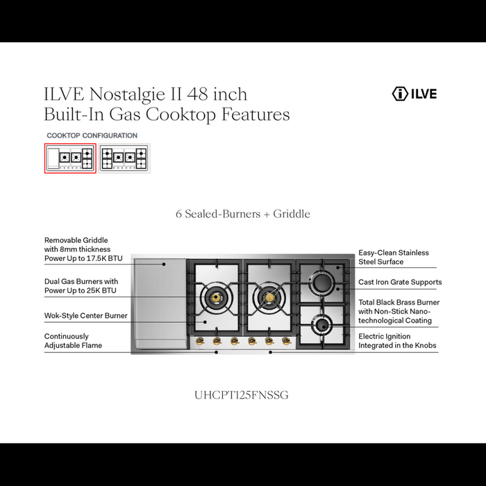 ILVE Nostalgie II 48" Built-In Gas Cooktop UHCPT125FNSSG