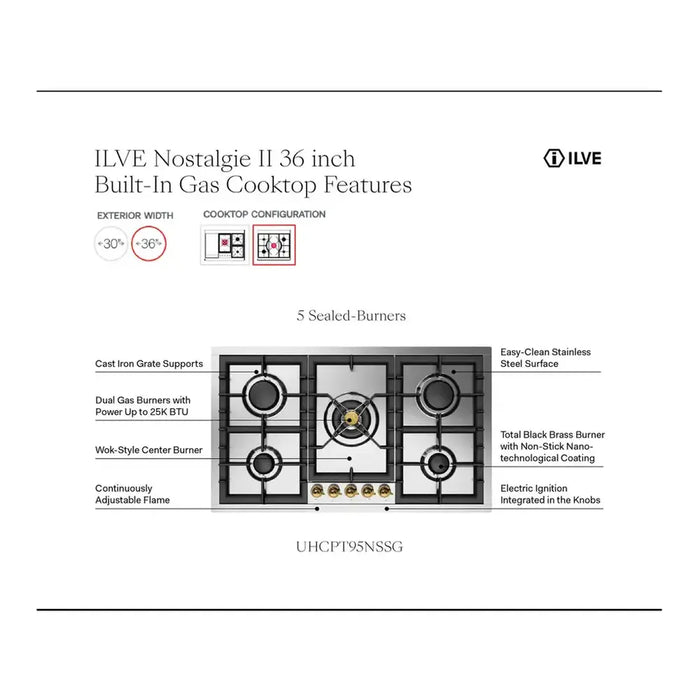 ILVE Nostalgie II 36" Built-In Gas Cooktop UHCPT95NSSC