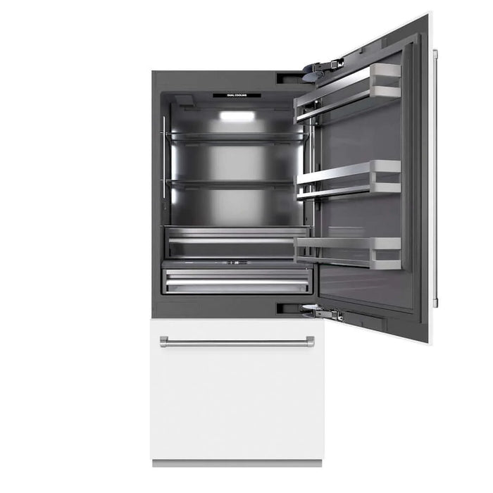 ZLINE 36" Built-In Bottom Freezer Refrigerator, Water Dispenser, Ice Maker, White Matte, Graphite Gray Interior GRBIT-WM-72