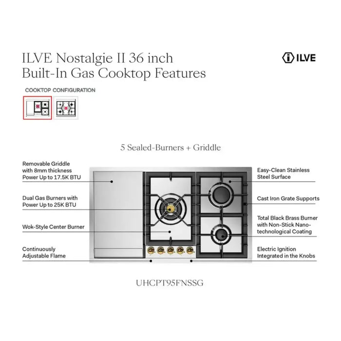ILVE Nostalgie II 36" Built-In Gas Cooktop UHCPT95FNSSC