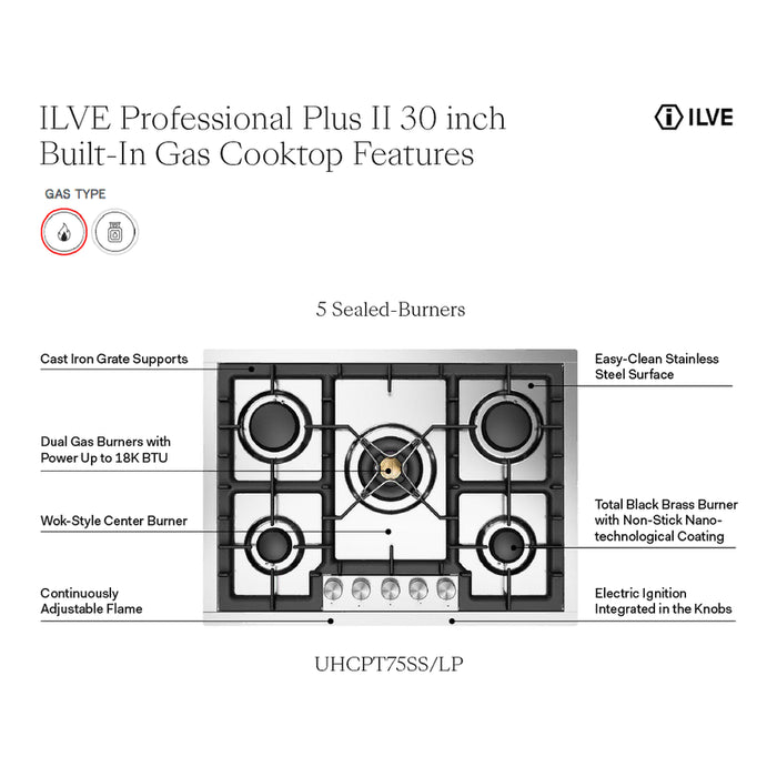 ILVE Professional Plus II 30" Built-In Gas Cooktop UHCPT75SS