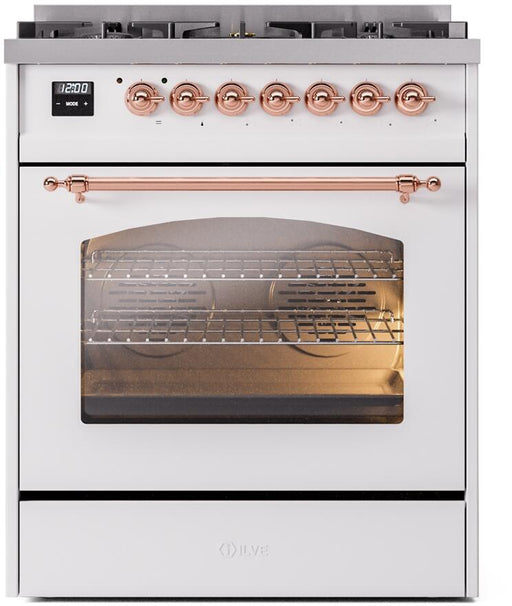 ILVE Nostalgie II 30" Dual Fuel Natural Gas Range, White, Copper Trim UP30NMPWHP ILVE