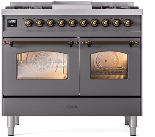 ILVE Nostalgie II 40" Dual Fuel Liquid Propane Range, Matte Graphite, Bronze Trim UPD40FNMPMGBLP ILVE