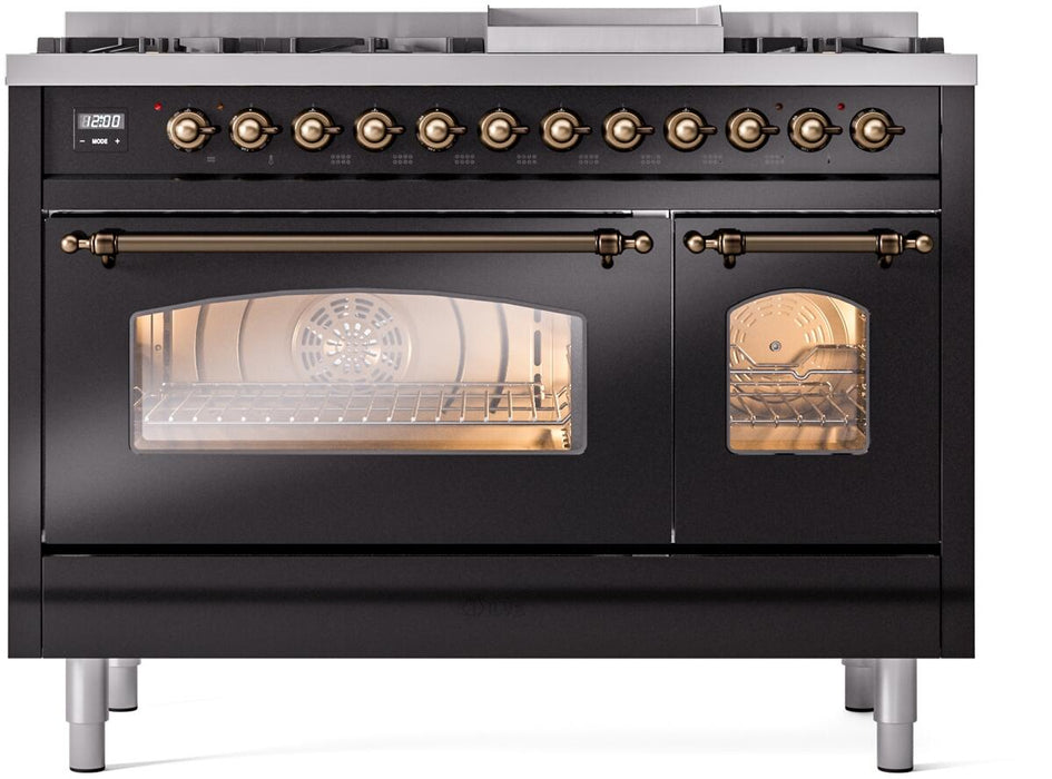 ILVE Nostalgie II 48" Dual Fuel Liquid Propane Range, Glossy Black, Bronze Trim UP48FNMPBKBLP ILVE