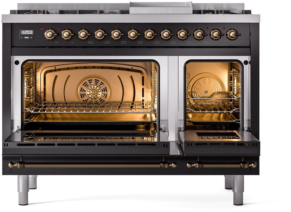 ILVE Nostalgie II 48" Dual Fuel Liquid Propane Range, Glossy Black, Bronze Trim UP48FNMPBKBLP ILVE