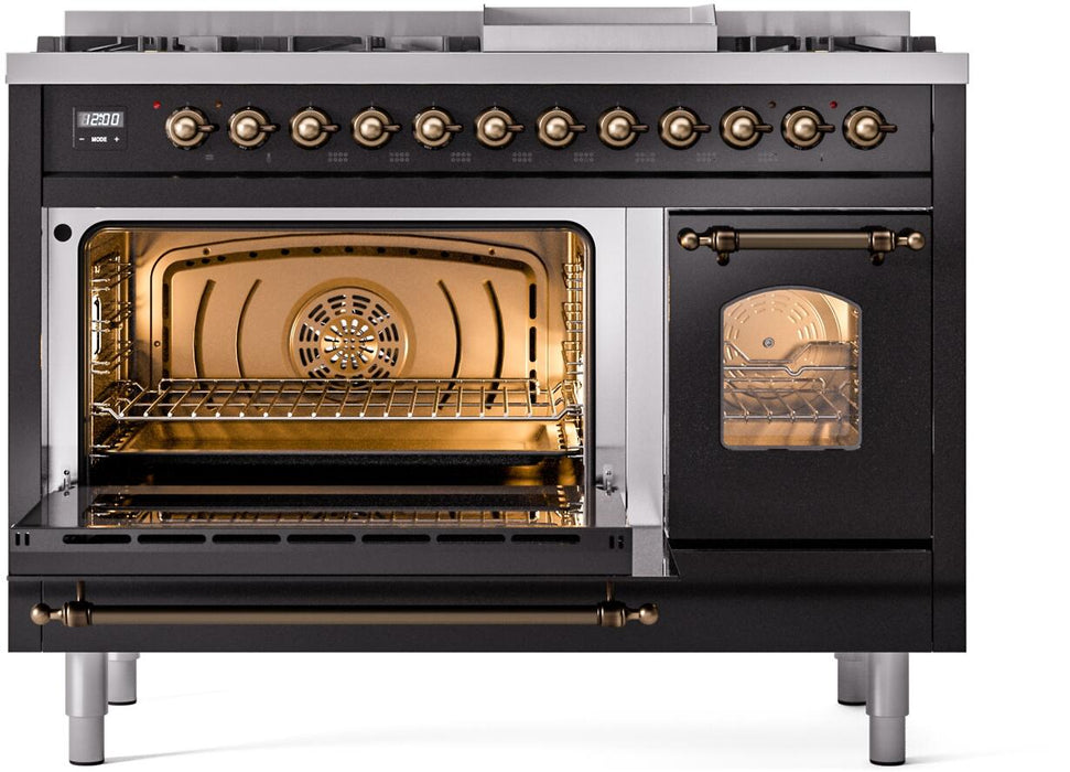 ILVE Nostalgie II 48" Dual Fuel Liquid Propane Range, Glossy Black, Bronze Trim UP48FNMPBKBLP ILVE