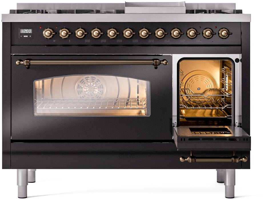 ILVE Nostalgie II 48" Dual Fuel Liquid Propane Range, Glossy Black, Bronze Trim UP48FNMPBKBLP ILVE