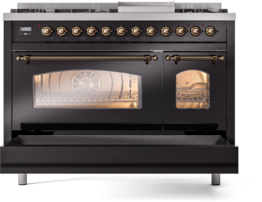 ILVE Nostalgie II 48" Dual Fuel Liquid Propane Range, Glossy Black, Bronze Trim UP48FNMPBKBLP ILVE