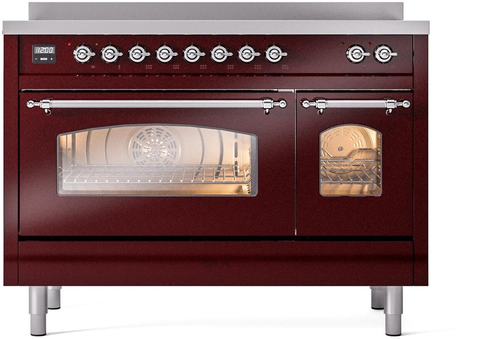 ILVE Nostalgie II 48" Electric Range, Burgundy, Chrome Trim UPI486NMPBUC ILVE