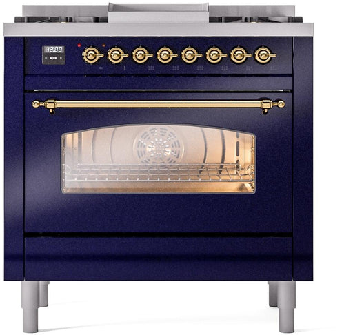 ILVE Nostalgie II 36" Dual Fuel Liquid Propane Range, Blue, Brass Trim UP36FNMPMBGLP ILVE