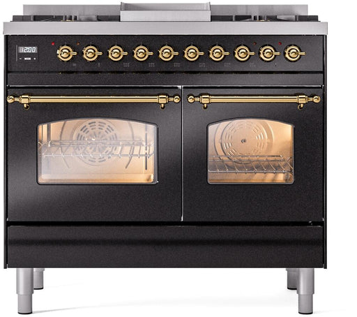 ILVE Nostalgie II 40" Dual Fuel Liquid Propane Range, Glossy Black, Brass Trim UPD40FNMPBKGLP ILVE