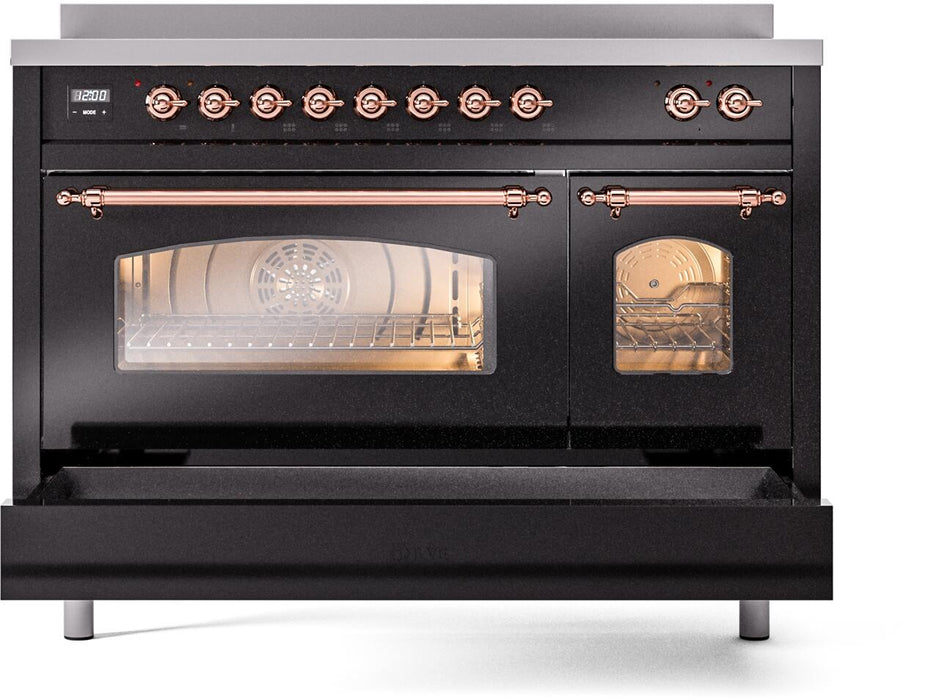 ILVE Nostalgie II 48" Electric Range, Glossy Black, Copper Trim UPI486NMPBKP ILVE