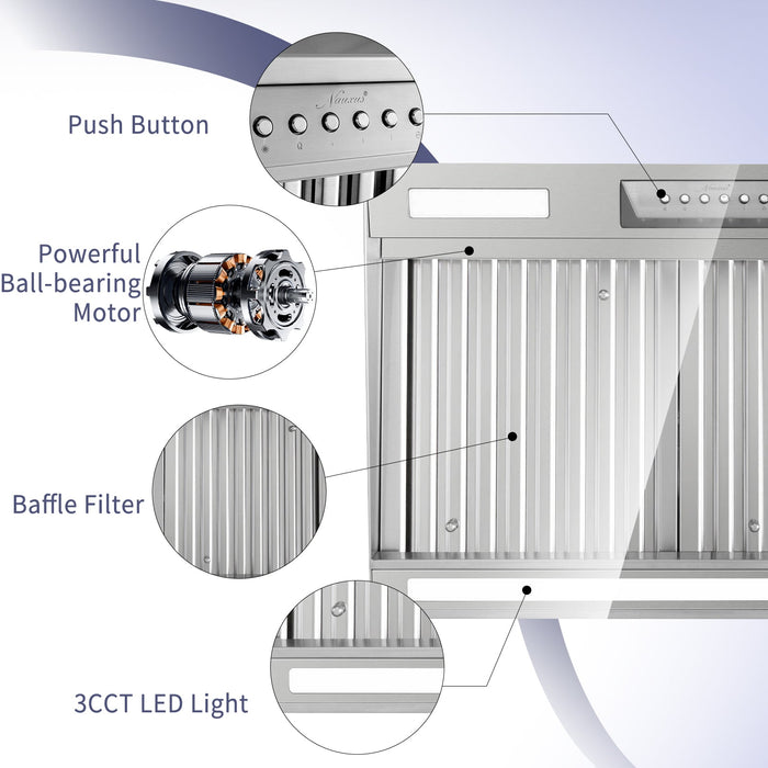 36" Range Hood Insert ,600 CFM Stainless Steel Kitchen Vent Hood with 4 Speeds 3CCT LED Lights - NX-19IS-36