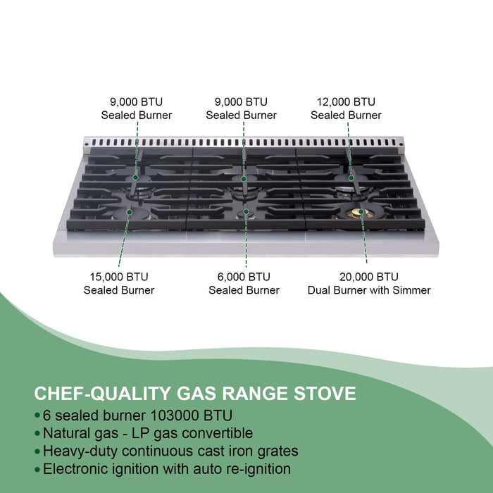 Akicon 36" Stainless Steel Range Hood with 600 CFM Insert & 6-Burner Gas Range Combo – Powerful Ventilation, Convection Oven, Multiple Finishes