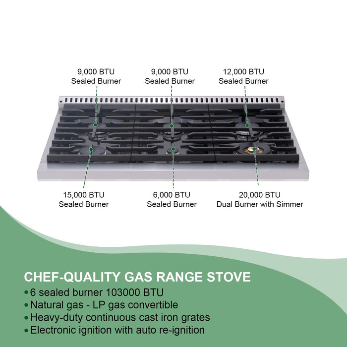 Akicon 36" Stainless Steel Range Hood with 600 CFM Insert & 6-Burner Gas Range Combo – Powerful Ventilation, Convection Oven, Multiple Finishes — AK-HS36H-BS & AK-JK36A1-BS