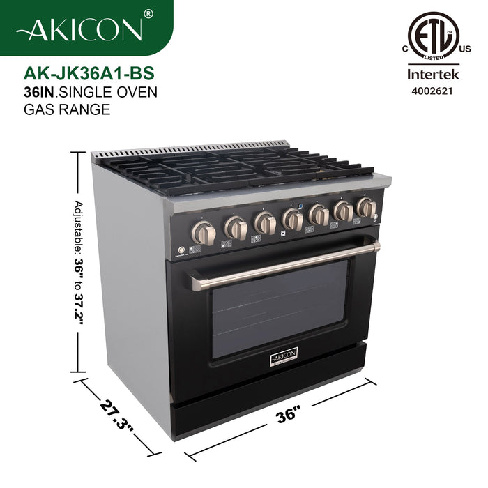 Akicon 36" Stainless Steel Range Hood with 600 CFM Insert & 6-Burner Gas Range Combo – Powerful Ventilation, Convection Oven, Multiple Finishes — AK-HS36H-BS & AK-JK36A1-BS