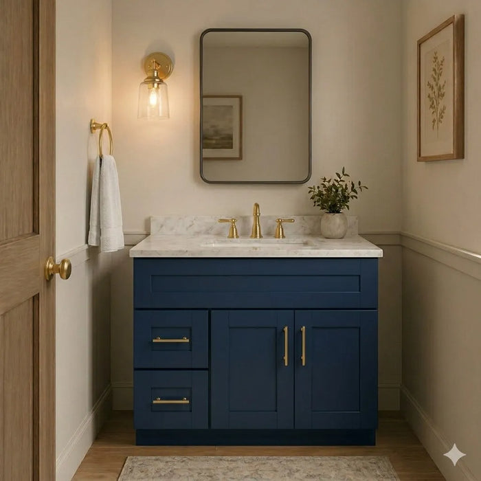 36 Inch Navy Blue Shaker Single Sink Bathroom Vanity with Drawers on the Left