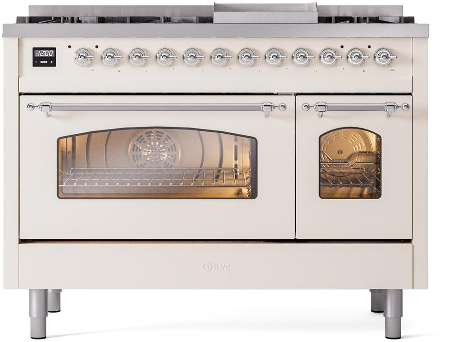 ILVE Nostalgie II 48" Dual Fuel Liquid Propane Range, Antique White, Chrome Trim UP48FNMPAWCLP ILVE