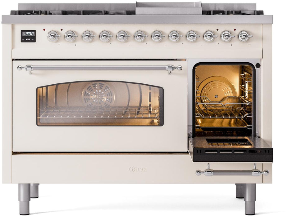 ILVE Nostalgie II 48" Dual Fuel Liquid Propane Range, Antique White, Chrome Trim UP48FNMPAWCLP ILVE