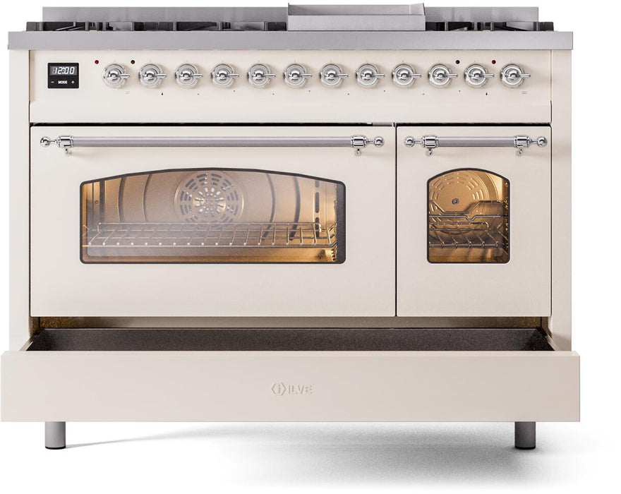 ILVE Nostalgie II 48" Dual Fuel Liquid Propane Range, Antique White, Chrome Trim UP48FNMPAWCLP ILVE