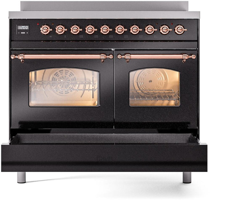 ILVE Nostalgie II 40" Electric Range, Glossy Black, Copper Trim UPDI406NMPBKP ILVE