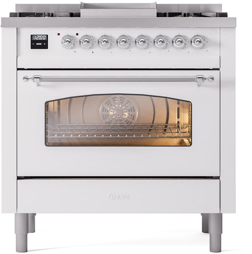 ILVE Nostalgie II 36" Dual Fuel Liquid Propane Range, White, Chrome Trim UP36FNMPWHCLP ILVE