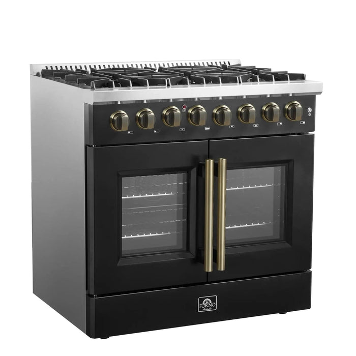 Forno Galiano 36"French DoorDual Fuel Range, Gas Stove, Electric Oven Black, Antique Brass Trim, FFSGS6356-36BLK