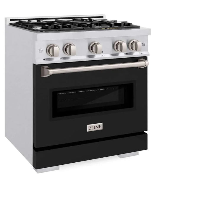 ZLINE 30" Dual Fuel Range, Gas Cooktop, Electric Convection Oven DuraSnow®Stainless Steel, Black Matte Door CDRS-BLM-30