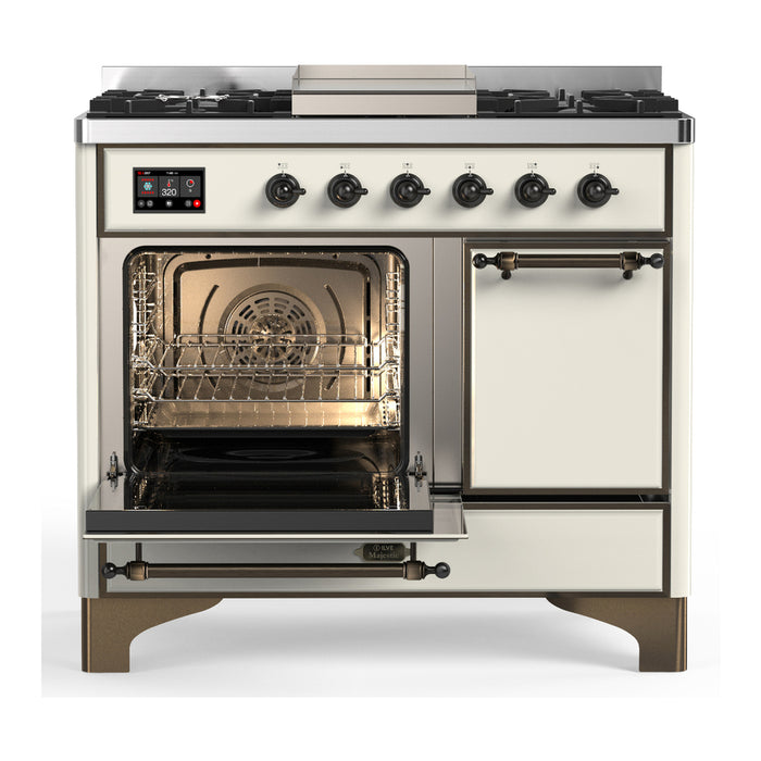ILVE Majestic III 40" Dual Fuel, Range, Antique White, Burnished Trim UMD40FQNR3AWB