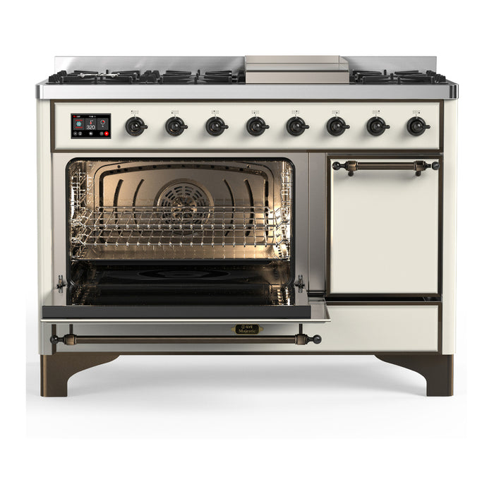 ILVE Majestic III 48" Dual Fuel, Range, Antique White, Burnished Trim UM48FQNR3AWB