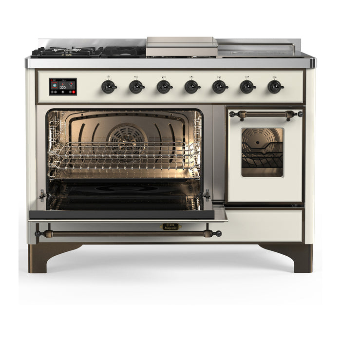 ILVE Majestic III 48" Dual Fuel, Range, Antique White, Burnished Trim UM48FSNR3AWB