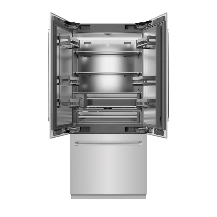 ZLINE 36" Panel Ready French Door Built-In Bottom Freezer Refrigerator, Water Dispenser, Ice Maker, Stainless Steel Interior SRBIV-36