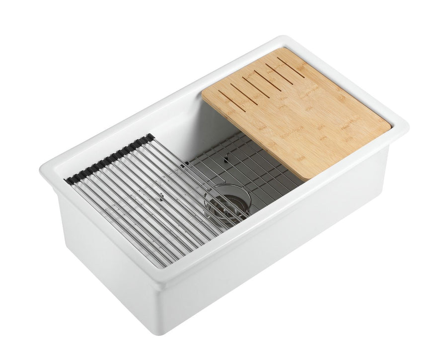 ALFI brand White 32" Workstation Step Rim Single Bowl Fireclay Undermount / Drop In Kitchen Sink ABFS3219SUD-W