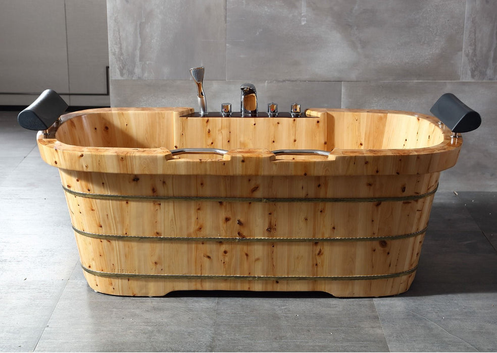 ALFI brand 65" 2 Person Free Standing Cedar Wooden Bathtub, Fixtures, Headrests AB1130