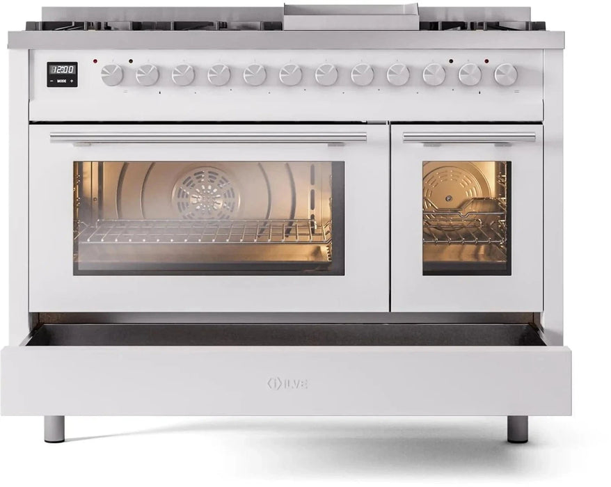 ILVE 48"Professional Plus Dual Fuel Range, White UP48FWMPWH