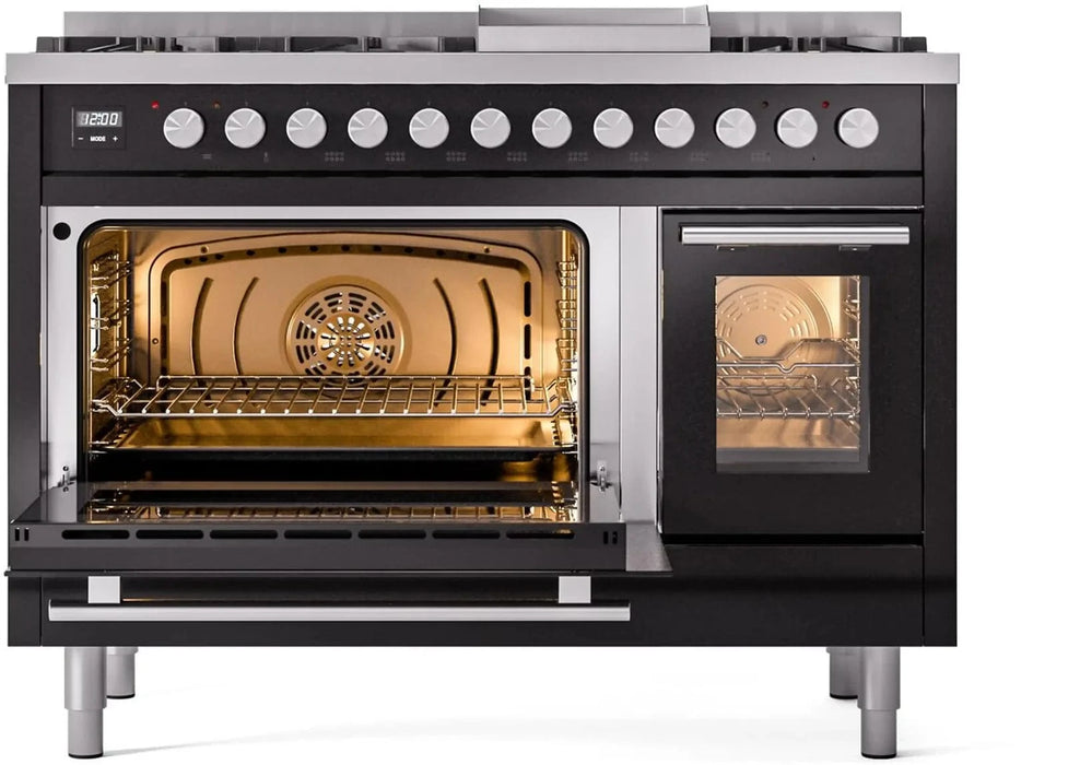 ILVE 48"Professional Plus Dual Fuel Range, Glossy Black UP48FWMPBK