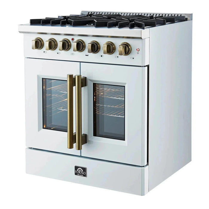 Forno Galiano 30"French Door Dual Fuel Range 5 Gas Burners, Electric Convection Oven White, Antique Brass Trim, FFSGS6356-30WHT