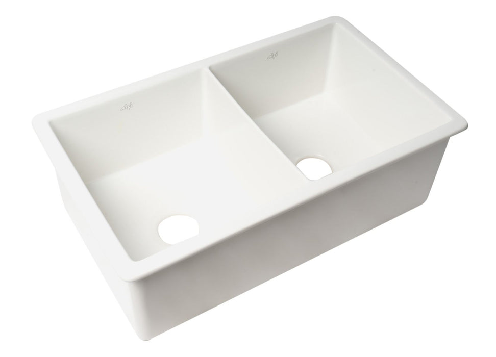 ALFI brand White 32" Double Bowl Fireclay Kitchen Sink ABF3219DUD-W