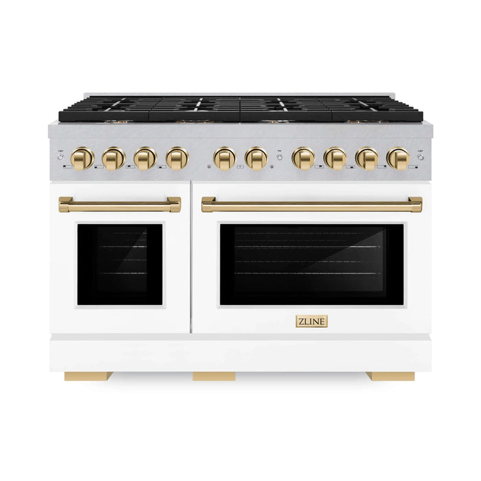 ZLINE 48"Paramount Dual Fuel Range DuraSnow® White Matte, Gold SDRSZ-WM-48-G