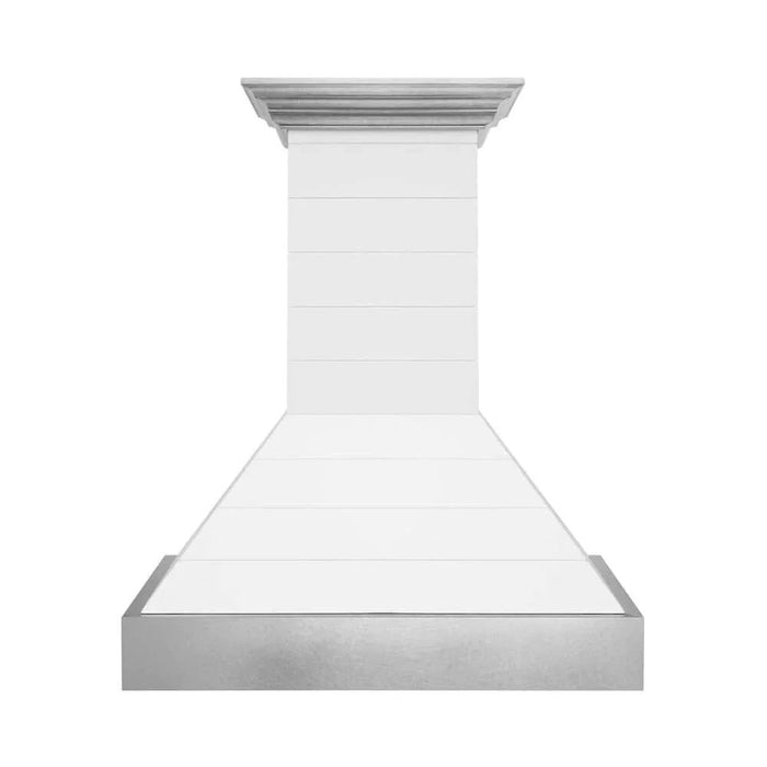 ZLINE Wooden Wall Mount Range Hood Rustic Shiplap Bright White Finish, Stainless Steel Accents 365WW-36