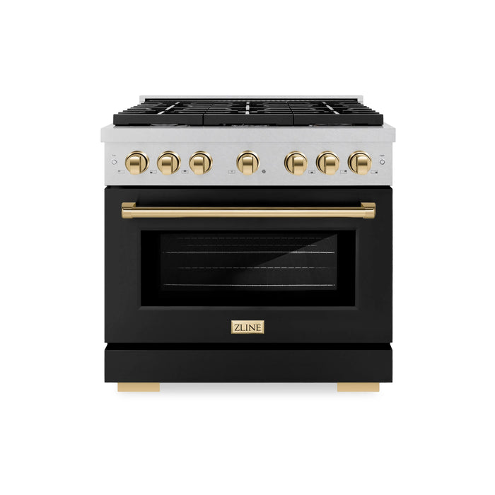 ZLINE 36"Paramount Dual Fuel Range DuraSnow® Black Matte, Gold SDRSZ-BLM-36-G