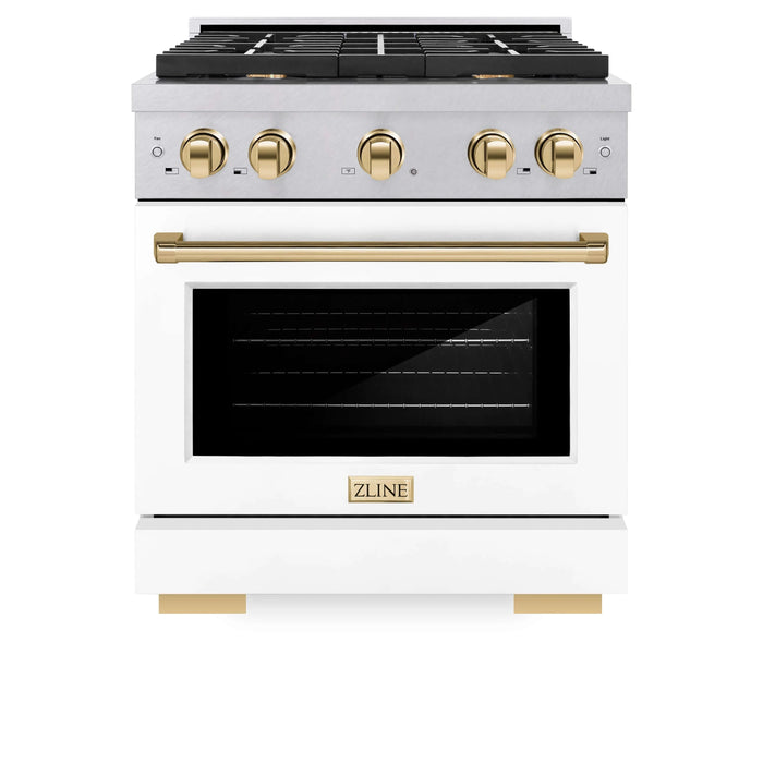 ZLINE 30"Paramount Dual Fuel Range DuraSnow® White Matte, Gold SDRSZ-WM-30-G