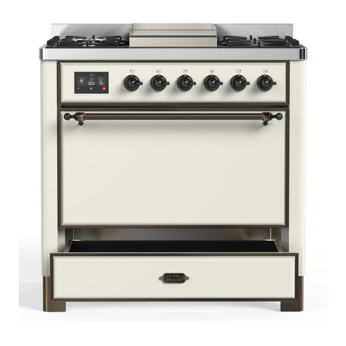 ILVE Majestic III 36" Dual Fuel, Range, Antique White, Burnished Trim UM36FQNR3AWB