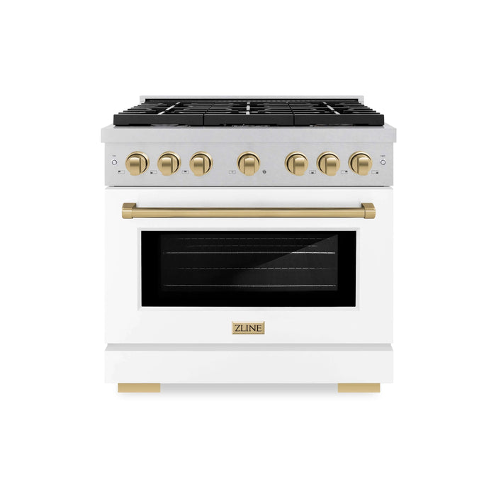 ZLINE 36"Paramount Dual Fuel Range DuraSnow® White Matte, Champagne Bronze SDRSZ-WM-36-CB