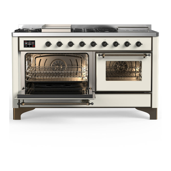 ILVE Majestic III 60" Dual Fuel Range, Antique White, Burnished Trim UM60FSNR3AWB
