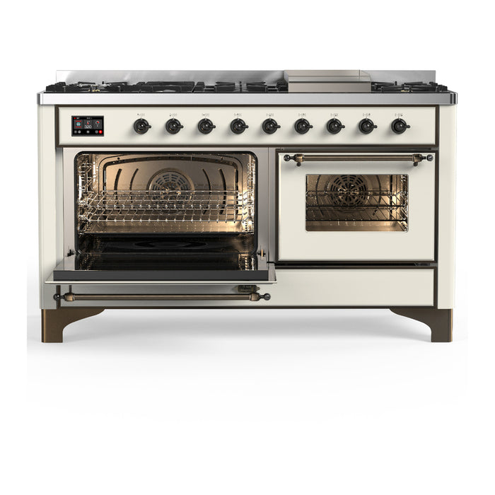 ILVE Majestic III 60" Dual Fuel Range, Antique White, Burnished Trim UM60FNR3AWB