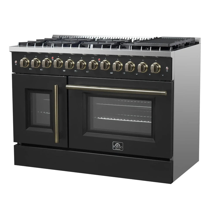 Forno Galiano 48" French Door Dual Fuel Range, 8 Burners, Electric Convection Oven, Black Antique Brass Trim, FFSGS6356-48BLK